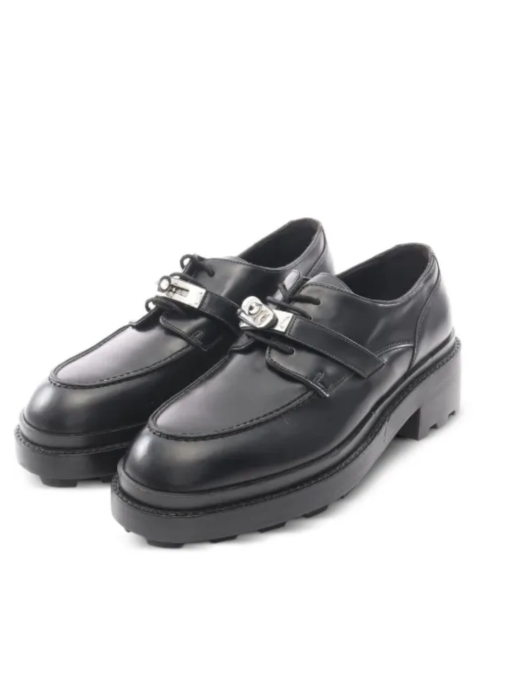 Hermes Derby First Oxford Womens EU 38/ US 7.5 Black Leather Logo Kelly Buckle